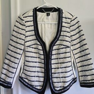 NWOT White House Black Market STRIPE TWEED JACKET  Navy White Metallic Sz 4